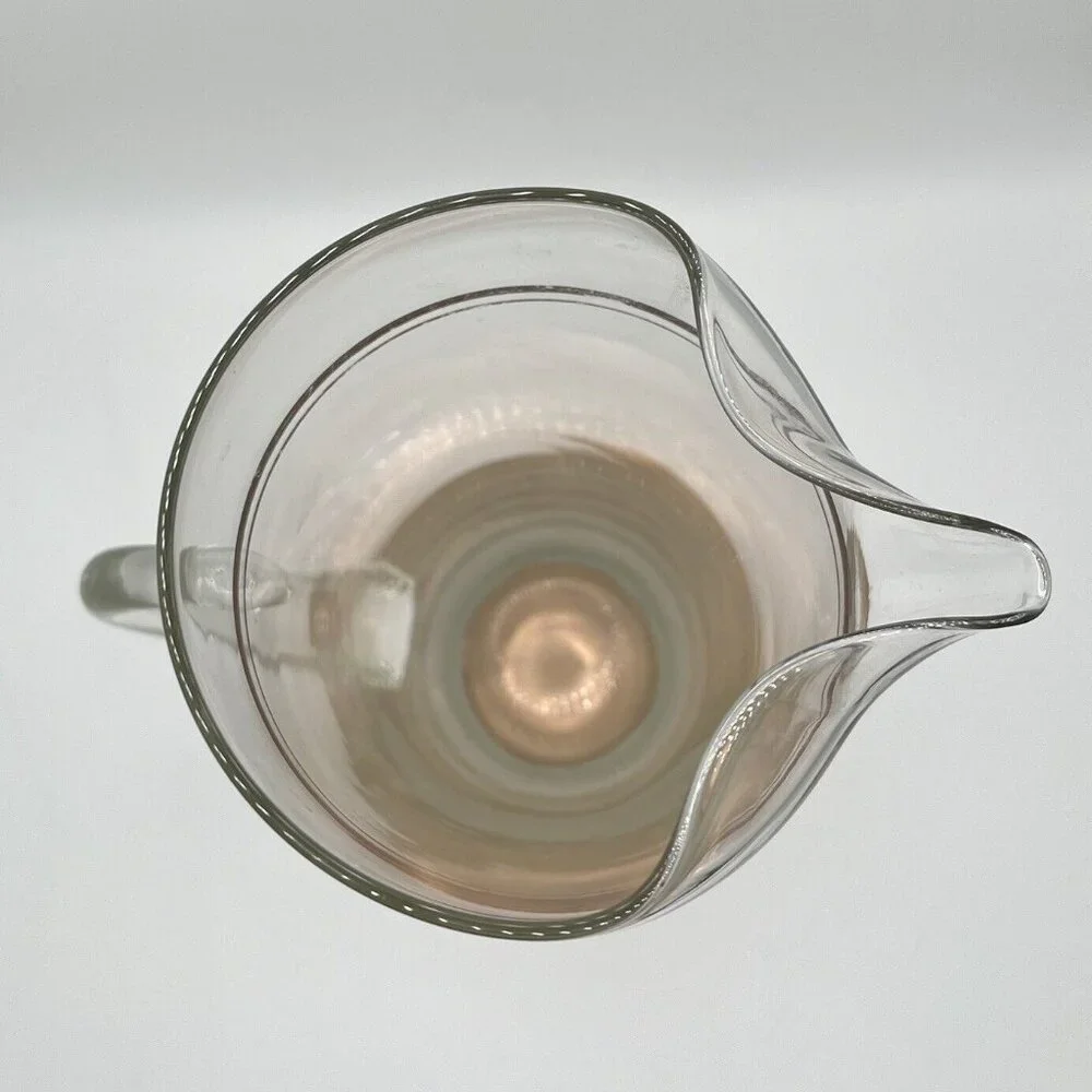 Vintage 60s MCM Glass Pitcher Brass Bottom With 6 Coupe Glasses W/ Gold Trim